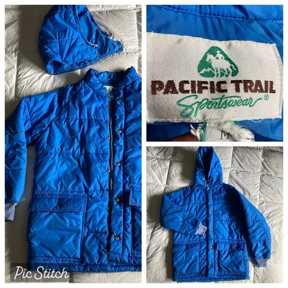 Vtg 70s 80s Pacific Trail Puffer Parka Coat Zip Snap Hood Mens M Blue